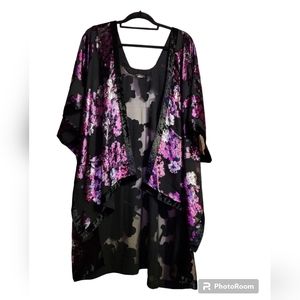 J Jill black and purple raised velour open front kimono ruana OS